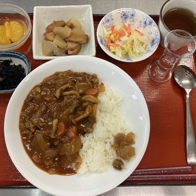 ハヤシライス、コールスローサラダ、ひじきの炒め煮、大根の煮物