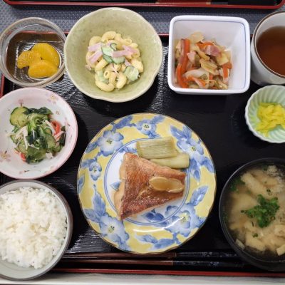 赤魚の煮付け、野菜炒め、マカロニサラダ、きゅうりの酢の物、味噌汁